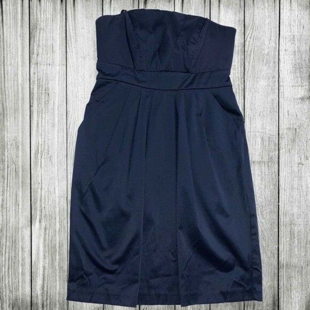 City Studio Strapless Navy Satin Pleated Women's Size 7 Formal Party Dress
